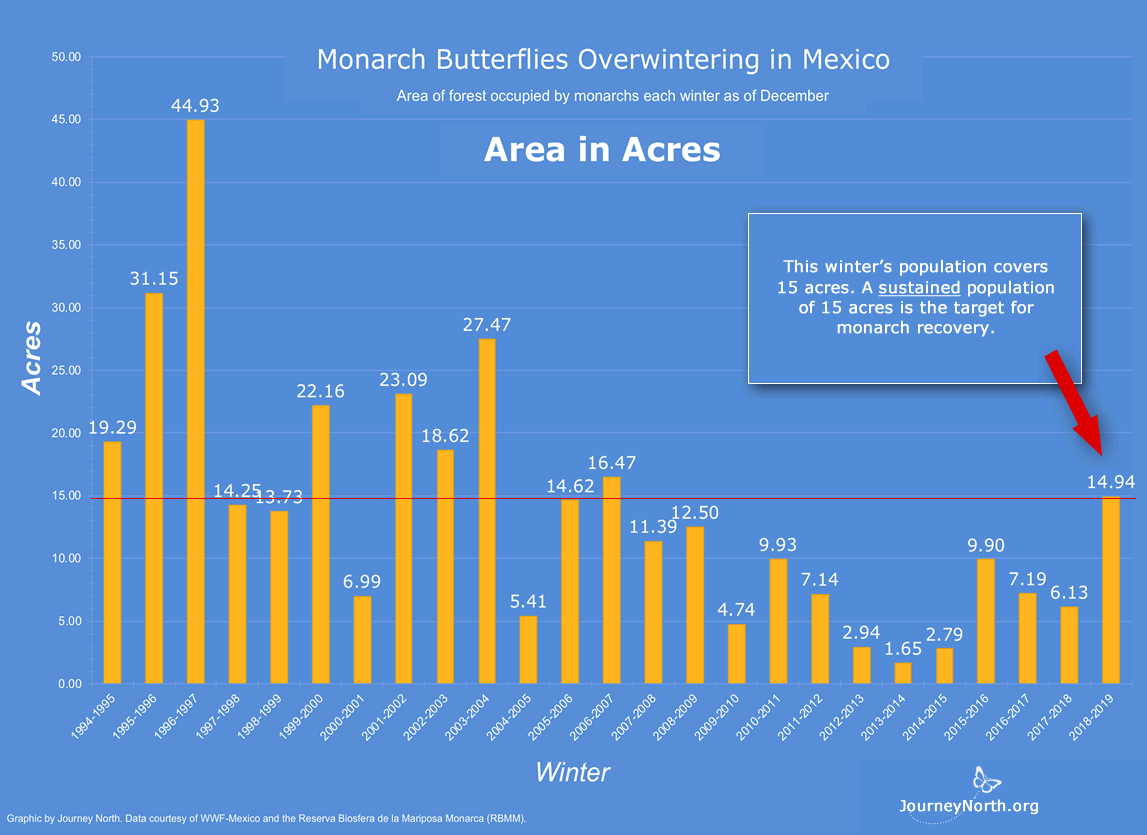 Graph of population estimate at monarch overwintering region in Mexico.