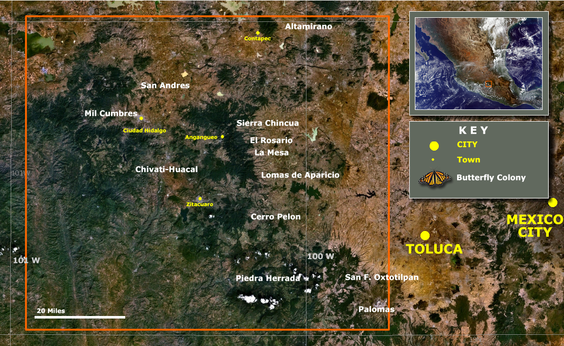 Map: The Location of the Monarch Overwintering Sites in Mexico
